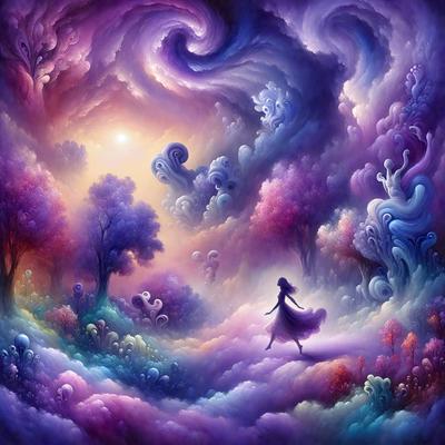 The primary subject of the image is a woman walking through a purple, pink, and blue landscape. The setting includes a forest with trees and a sky filled with clouds. The visual style of the image is a digital art or illustration, creating a surreal and dreamy atmosphere. The colors and mood of the scene are predominantly purple, pink, and blue, giving the image a whimsical and fantastical feel.